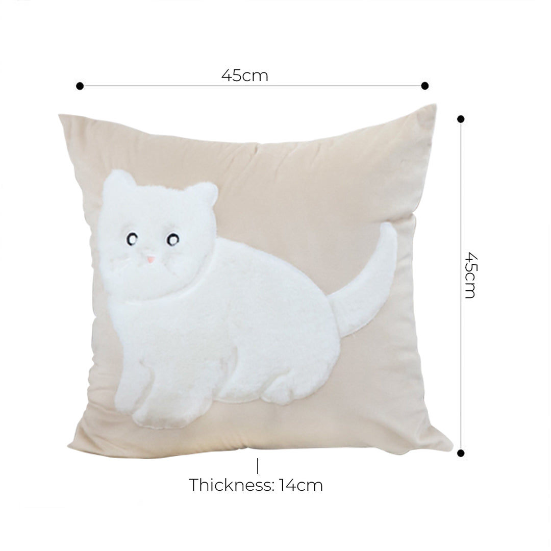 SOGA 45cm Throw Pillow Light Tan Square Cushion with Soft White Cat Design Decorative Home Decor • LUZ-FrenchCushion280
