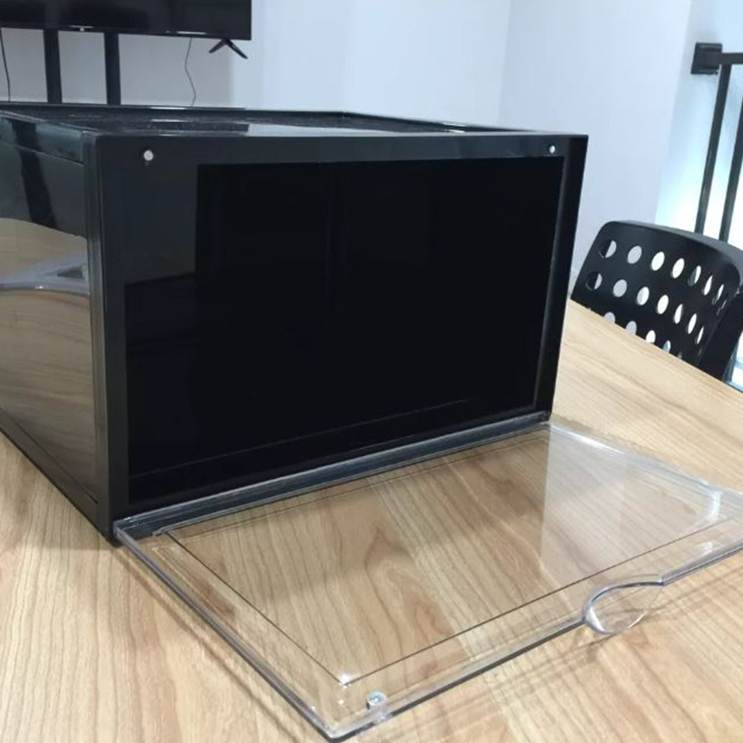 SOGA 2 Tier Black Portable Shoe Organiser Sneaker Footwear Folding Plastic Bin Stackable Storage Box with Magnetic Door • LUZ-ShoeA8002BLK