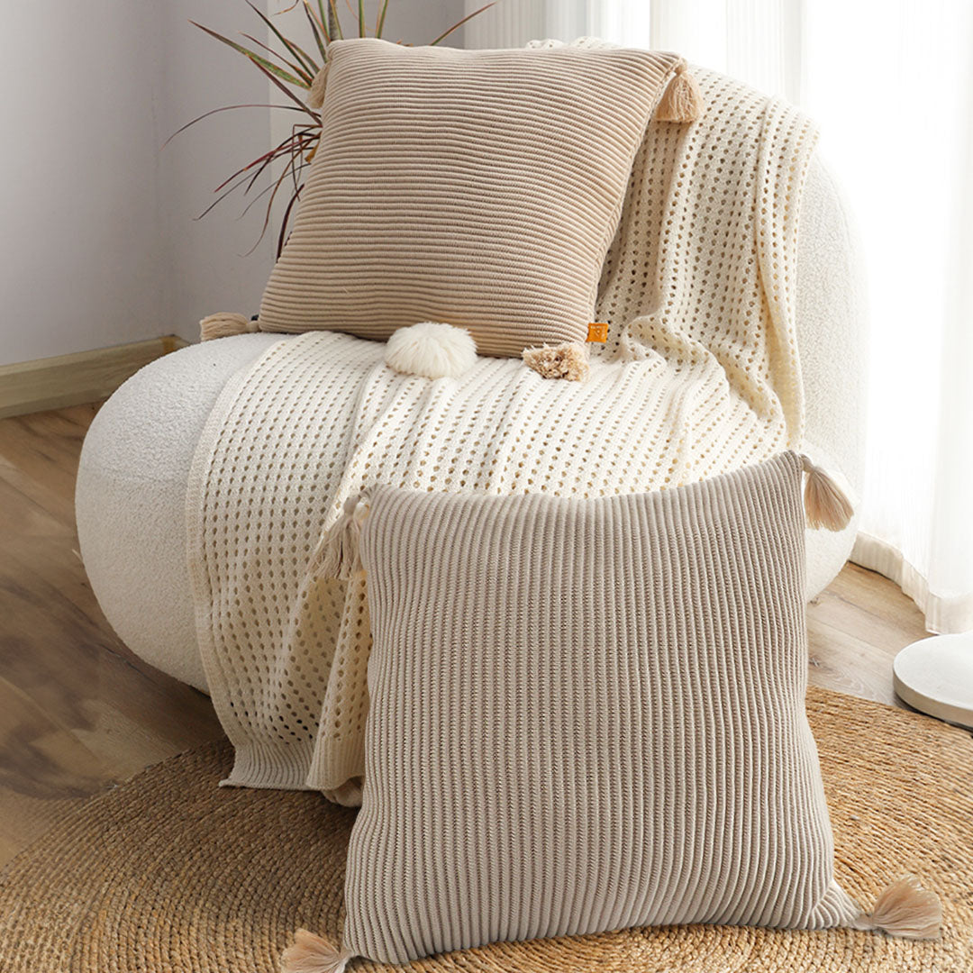 SOGA 2X 45cm Off-White Wabi-Sabi Raised Pillow Cotton Striped Large Tassel Square Pillow Throw Pillow • LUZ-FrenchCushion263X2