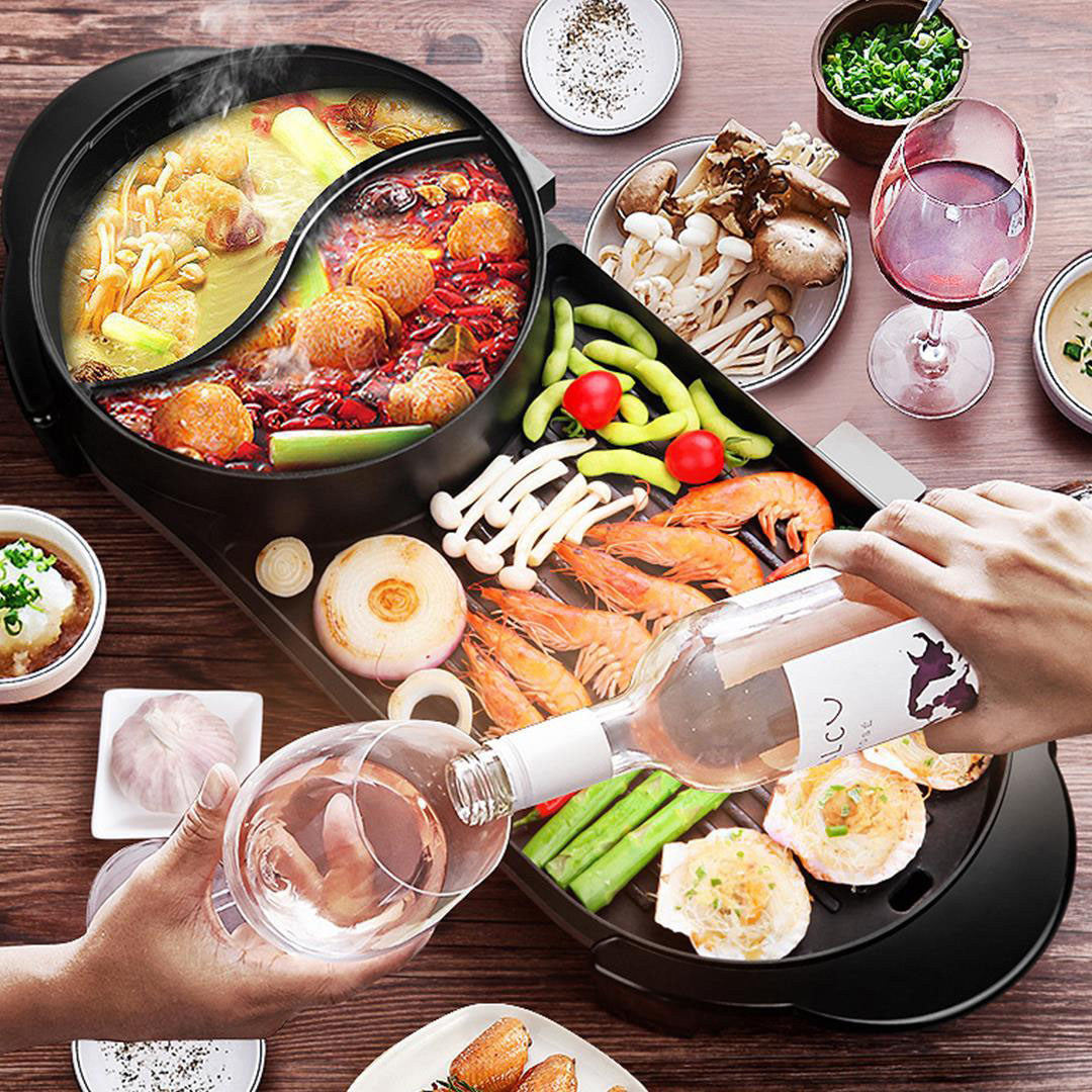 SOGA 2X 2 in 1 Electric Non-Stick BBQ Teppanyaki Grill Plate Steamboat Hotpot 2-8 Person • LUZ-SteamboatHotPotandGrillYuanYangX2