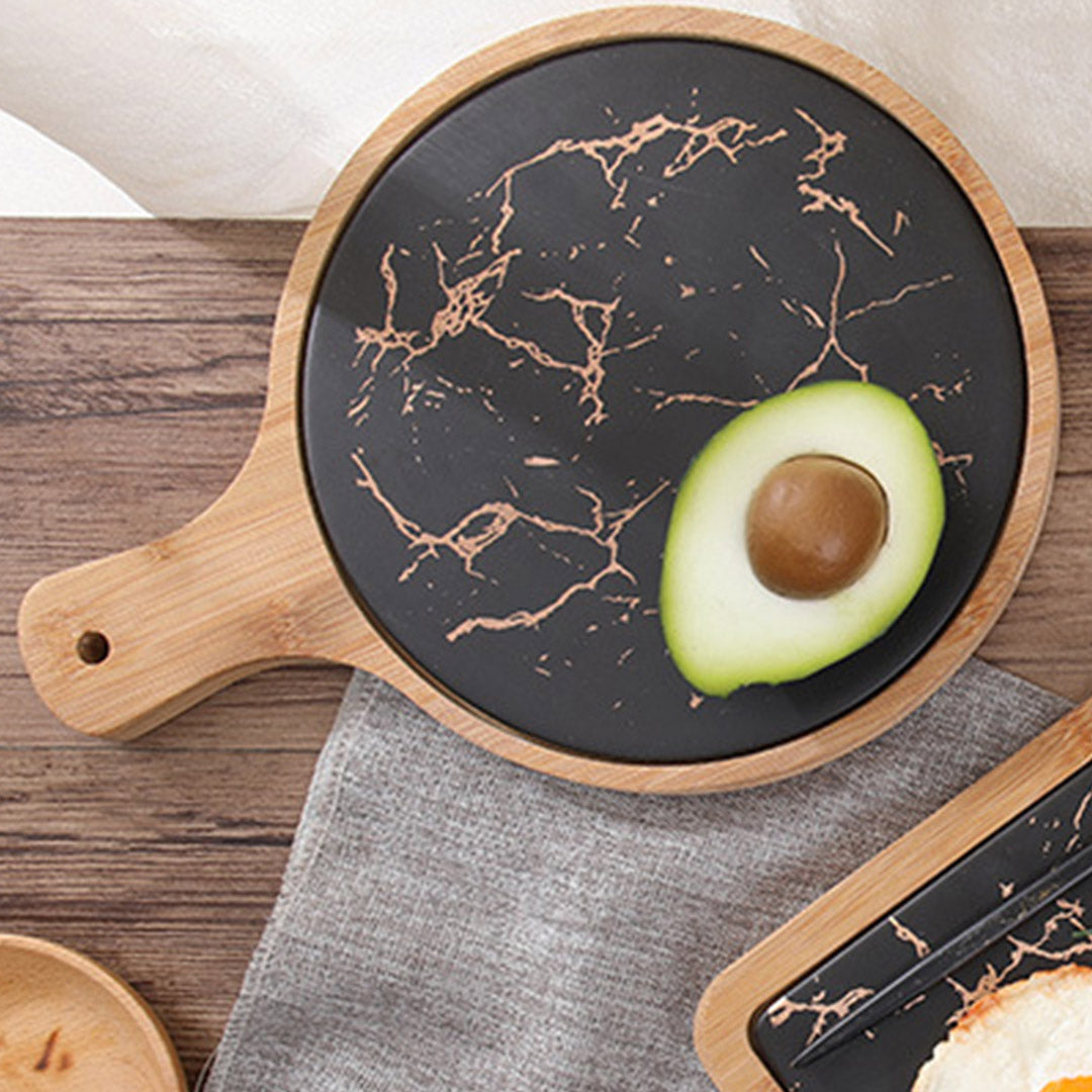 SOGA 2X 30cm Black Circle Wooden Serving Tray Slate Steak Serving Platter Chopping Board Paddle Home Decor • LUZ-WodE593X2