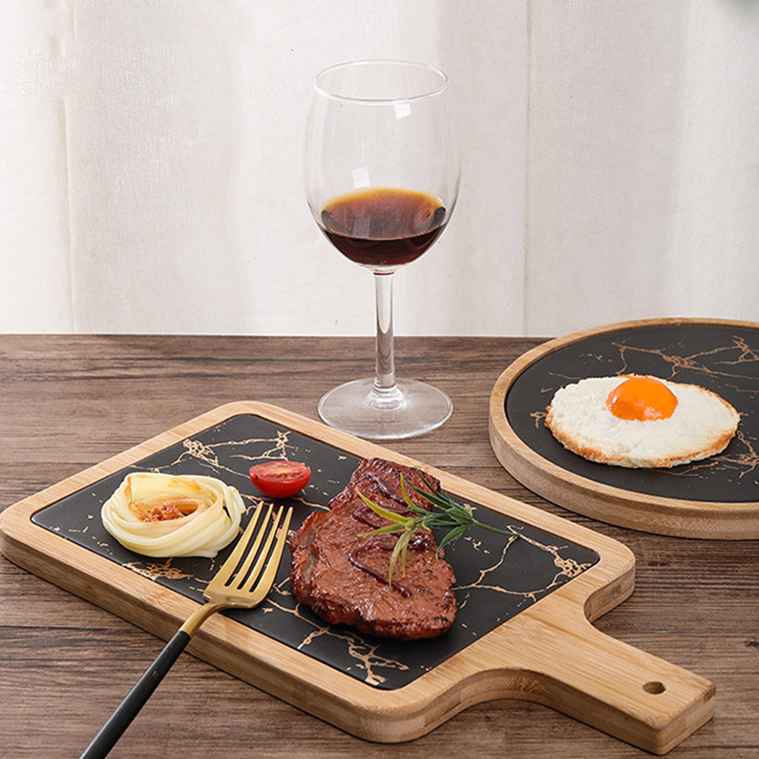SOGA 2X 33.5cm Black Square Wooden Serving Tray Slate Steak Serving Platter Chopping Board Paddle Home Decor • LUZ-WodE594X2