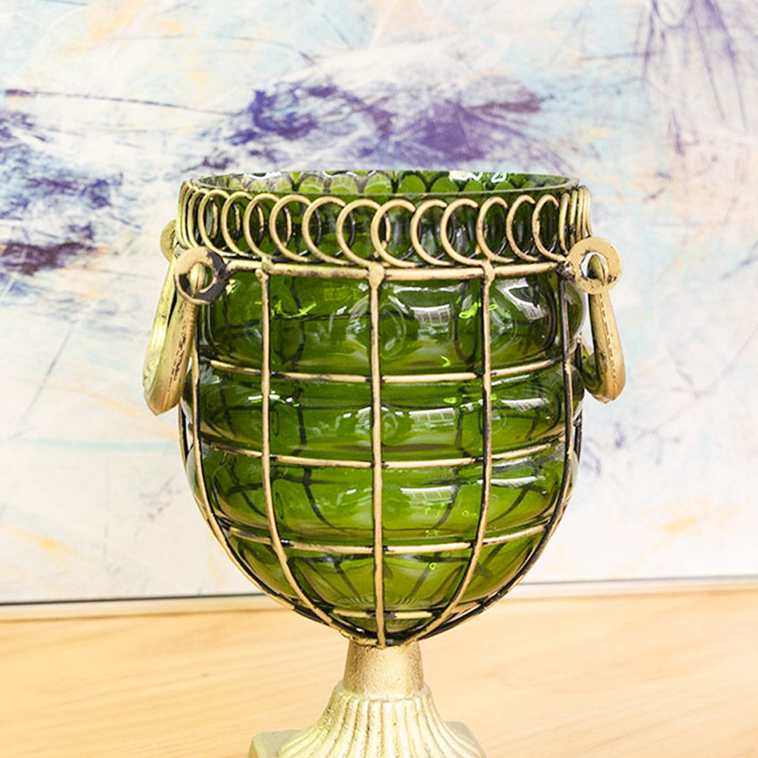 SOGA Green Colored European Glass Jar Flower Vase Solid Base with Metal Handle • LUZ-HO-VaseYG8045G