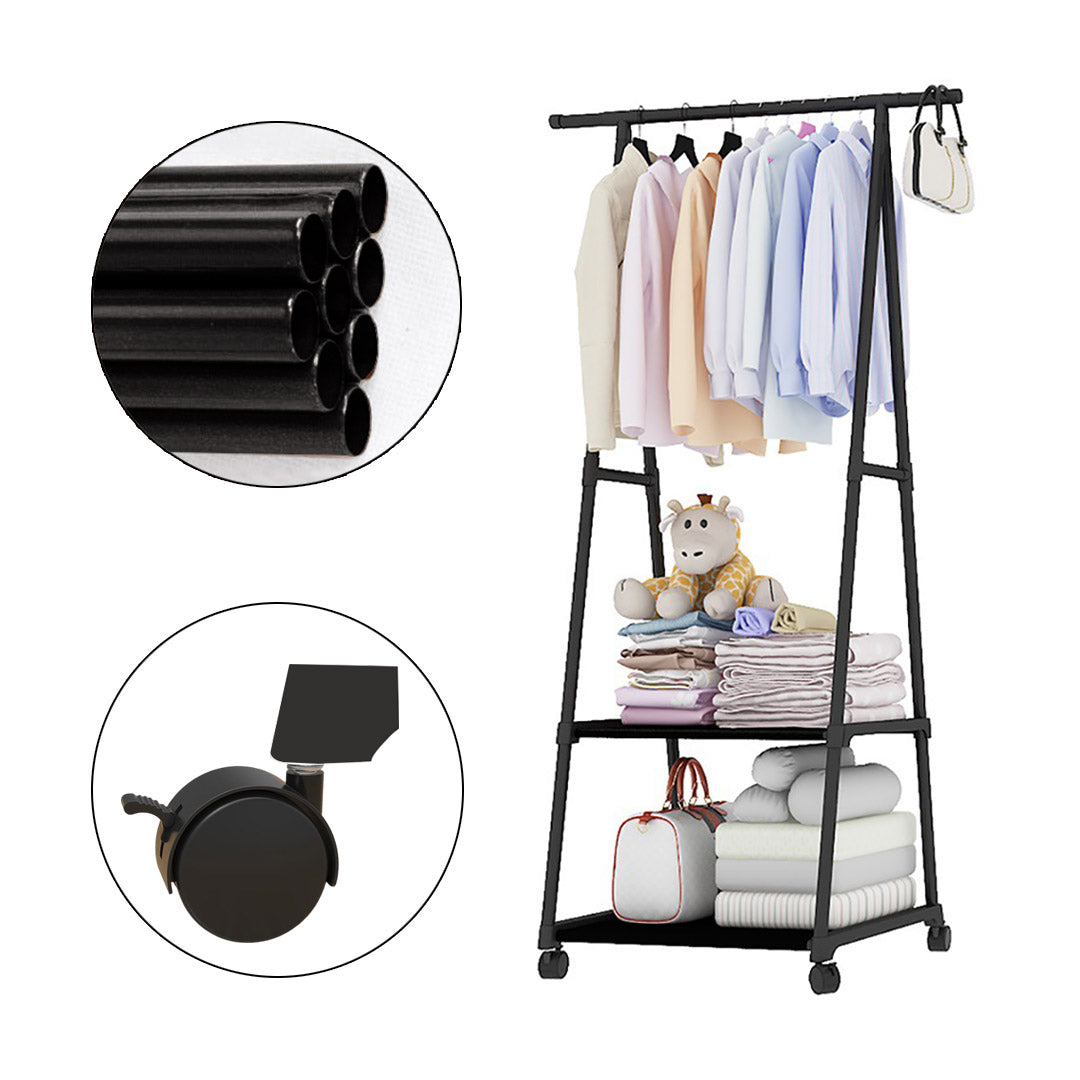 SOGA 2-in-1 Organiser Clothes Shoe Rack Space-Saving Triangular Storage with Wheels Black • LUZ-Rack0012
