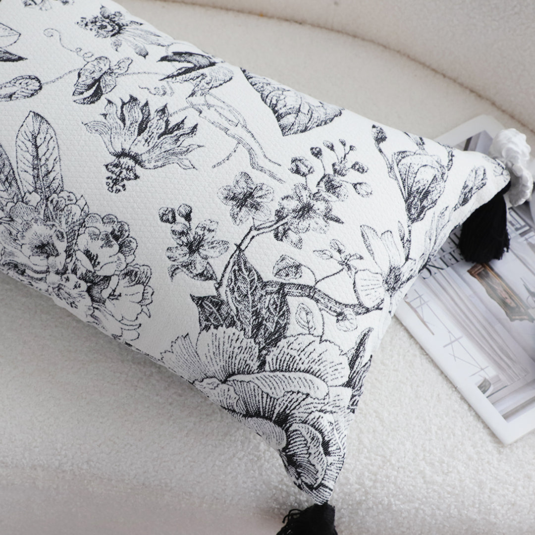 SOGA 2X 35cm Throw Pillow Black and White Floral Print Elegant with Tassel Accents Home Decor • LUZ-FrenchCushion342X2