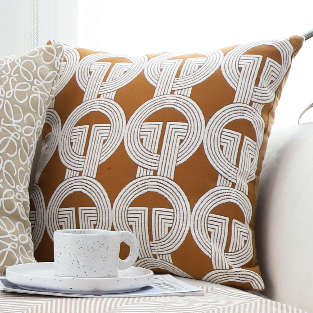 SOGA 50cm Throw Pillow Brown Circular Chain Jacquard Decorative Square for Home Decor • LUZ-FrenchCushion335