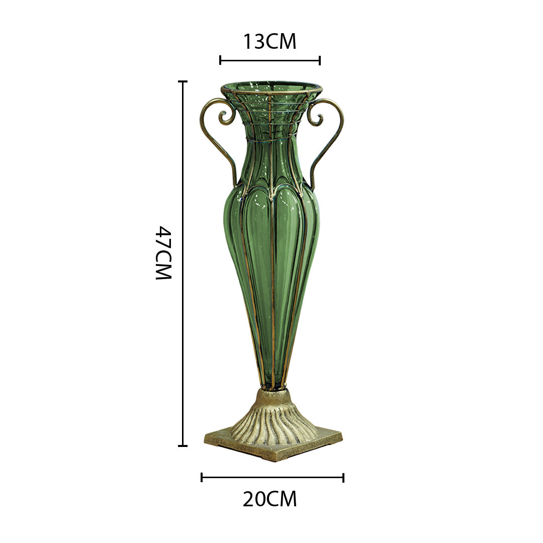 SOGA Green Colored European Glass Flower Vase Solid Base with Two Gold Metal Handle • LUZ-HO-VaseYG1885G