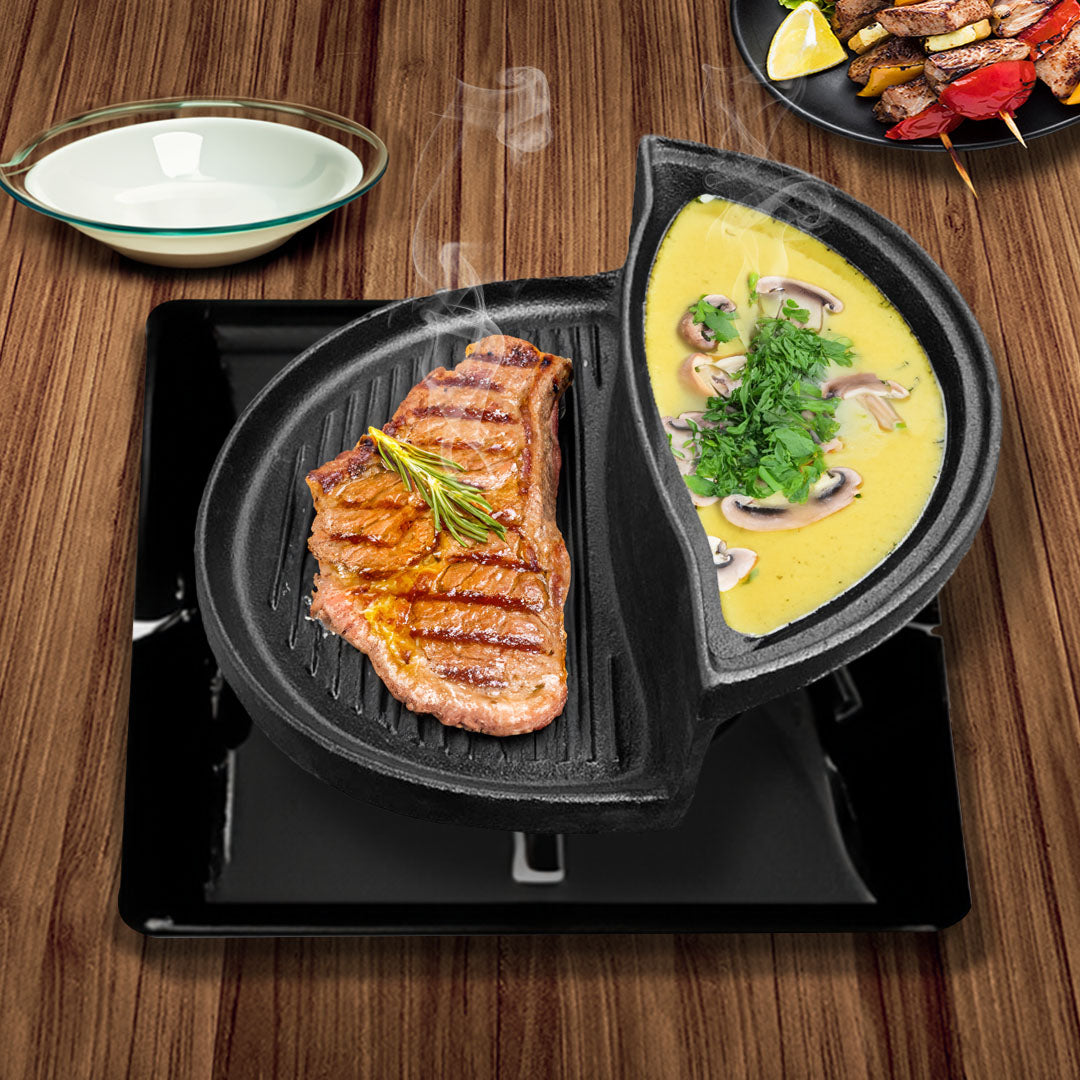 SOGA 2 in 1 Cast Iron Ribbed Fry Pan Skillet Griddle BBQ and Steamboat Hot Pot • LUZ-ZPaiB3