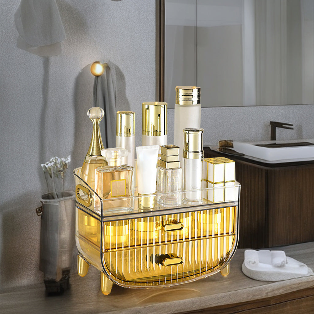 SOGA 3 Tier Golden Yellow Multifunctional Countertop Cosmetic Storage Makeup Skincare Holder Jewelry Cabinet Bathroom Desk Drawer Vanity Organiser • LUZ-BathC124