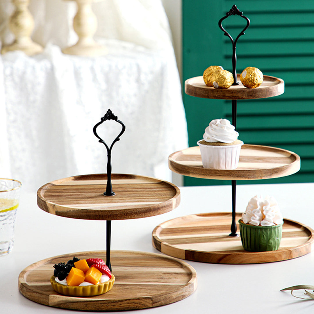 SOGA 2X 20cm 2 Tier Brown Round Wooden Acacia Dessert Tray Cake Snacks Cupcake Stand Buffet Serving Countertop Decor • LUZ-WodC238X2