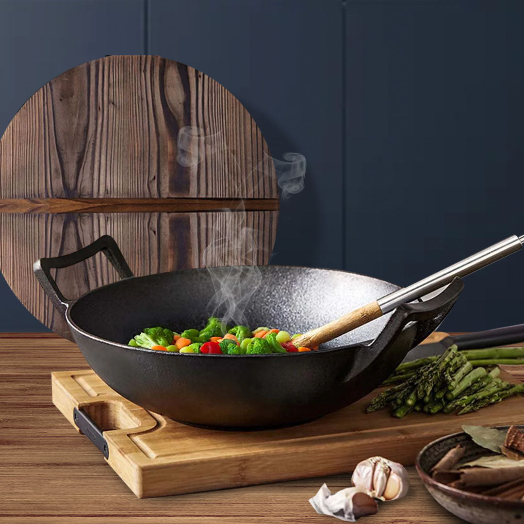 SOGA 36CM Commercial Cast Iron Wok FryPan with Wooden Lid Fry Pan • LUZ-ZPaiB1