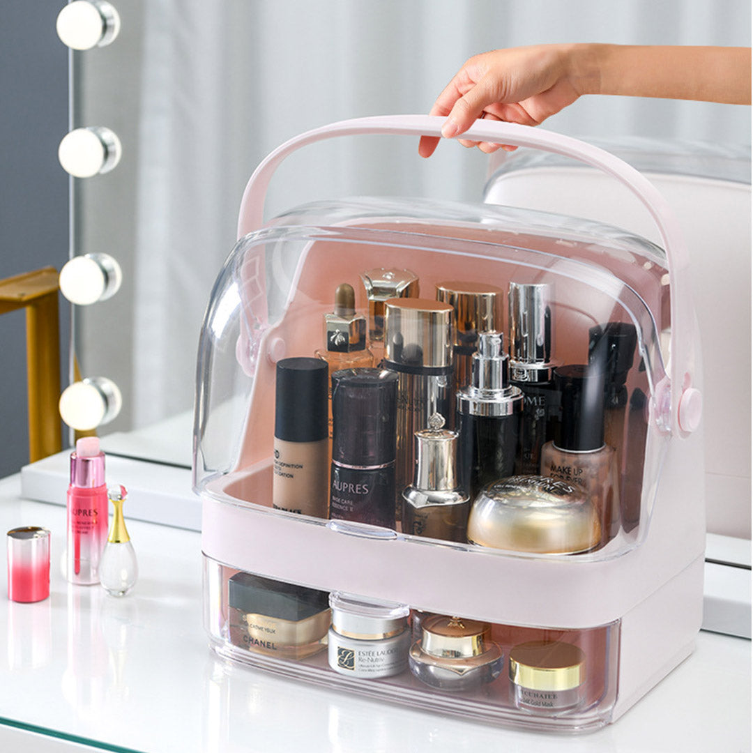 SOGA 2X 2 Tier Pink Countertop Makeup Cosmetic Storage Organiser Skincare Holder Jewelry Storage Box with Handle • LUZ-BathC102X2