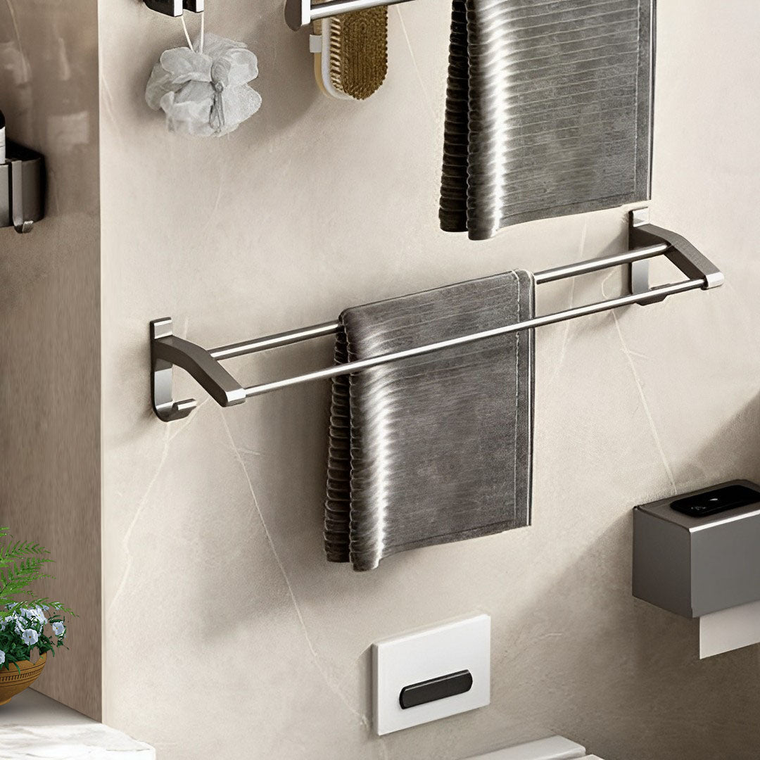 SOGA 62cm Gray Wall-Mounted Double Pole Towel Holder Bathroom Organiser Rail Hanger with Hooks • LUZ-TAN1018