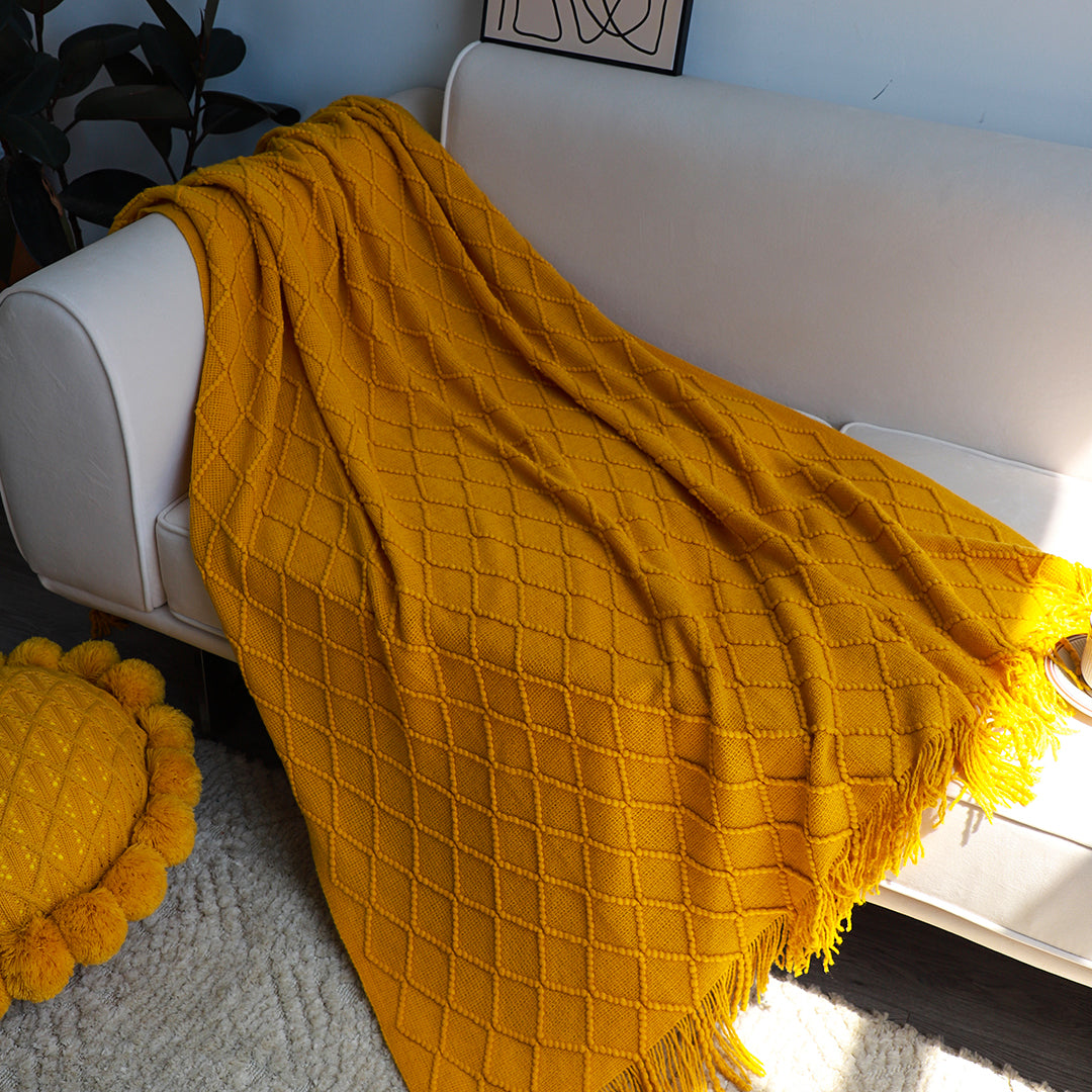 SOGA Yellow Diamond Pattern Knitted Throw Blanket Warm Cozy Woven Cover Couch Bed Sofa Home Decor with Tassels • LUZ-Blanket901