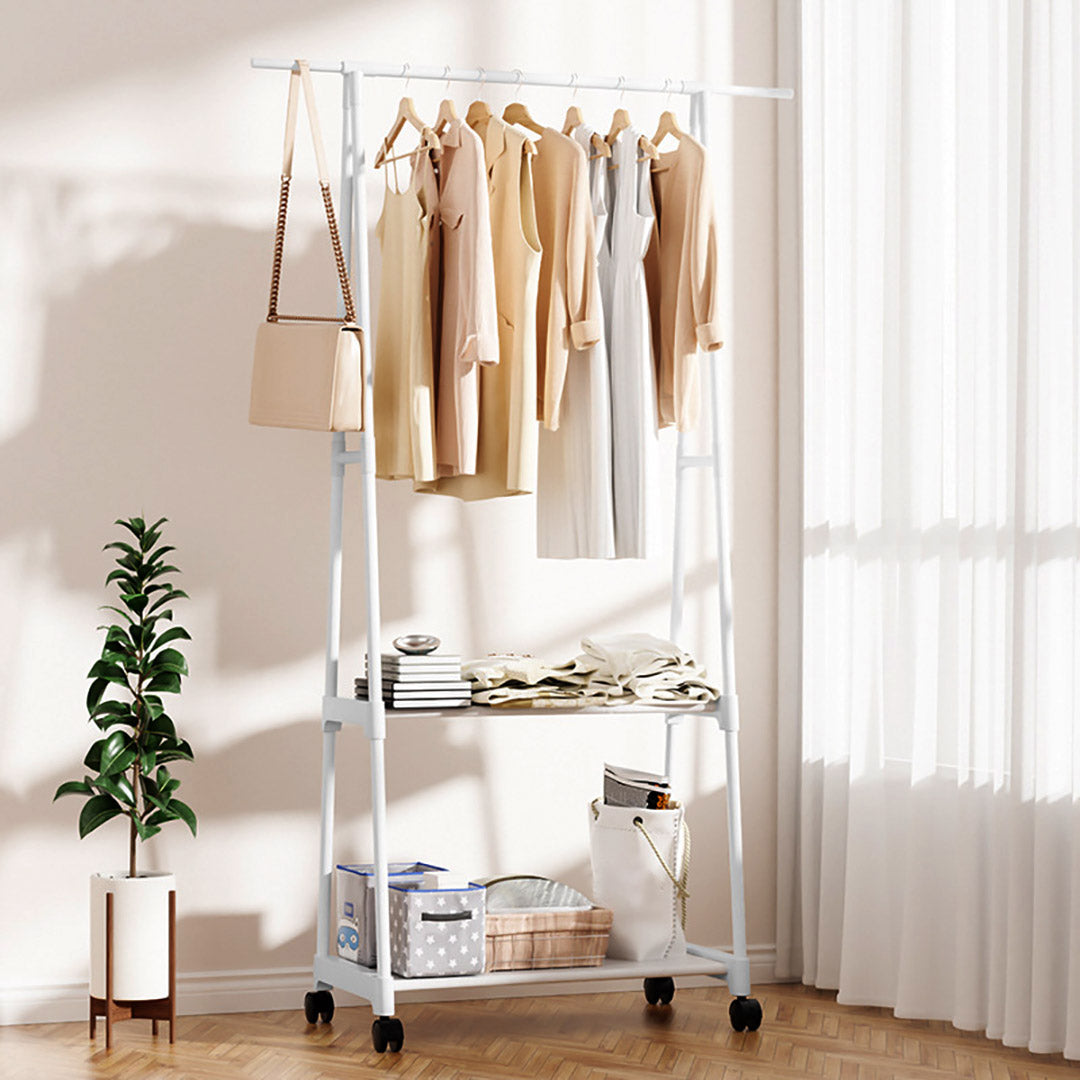 SOGA 2-in-1 Organiser Clothes Shoe Rack Space-Saving Triangular Storage with Wheels White • LUZ-Rack0013