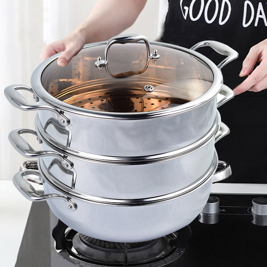 SOGA 2X 3 Tier 28cm Heavy Duty Stainless Steel Food Steamer Vegetable Pot Stackable Pan Insert with Glass Lid • LUZ-SteamerTRISTQ28X2