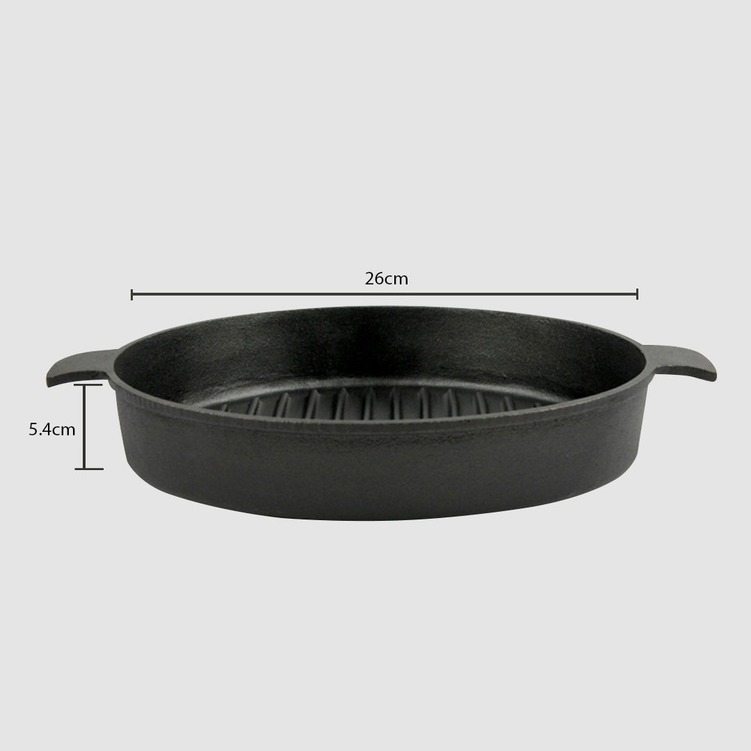 SOGA 26cm Round Ribbed Cast Iron Frying Pan Skillet Steak Sizzle Platter with Handle • LUZ-ZPai001B