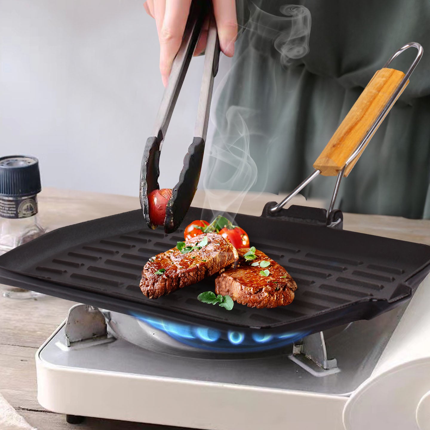 SOGA Rectangular Cast Iron Griddle Grill Frying Pan with Folding Wooden Handle • LUZ-ZPai047