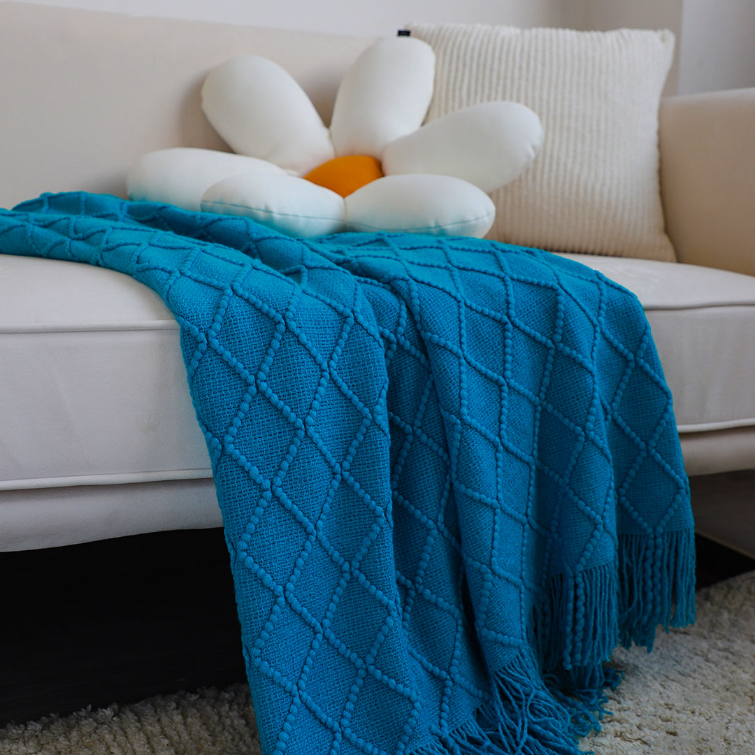 SOGA 2X Blue Diamond Pattern Knitted Throw Blanket Warm Cozy Woven Cover Couch Bed Sofa Home Decor with Tassels • LUZ-Blanket904X2