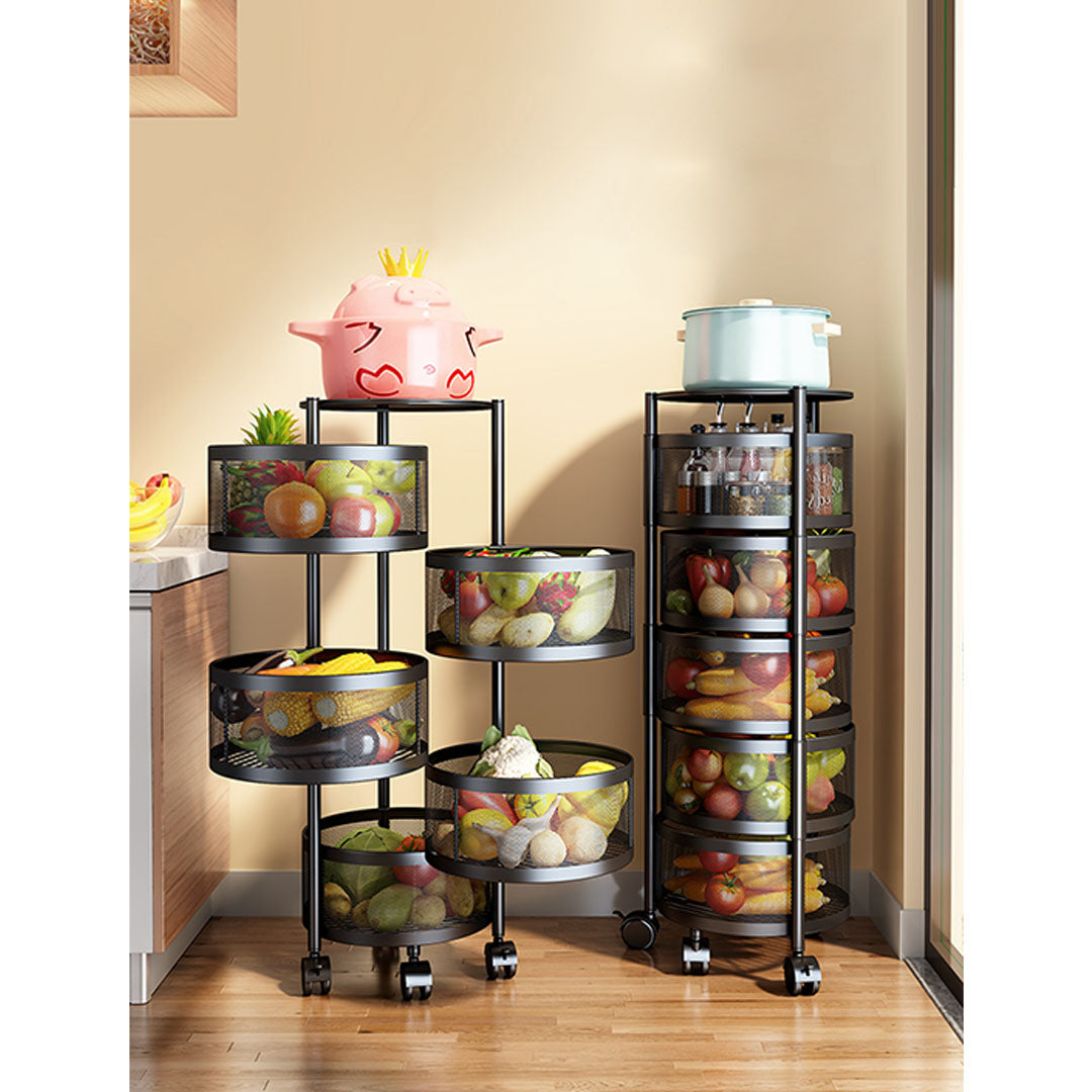 SOGA 5 Tier Steel Round Rotating Kitchen Cart Multi-Functional Shelves Portable Storage Organizer with Wheels • LUZ-KitchenXY017