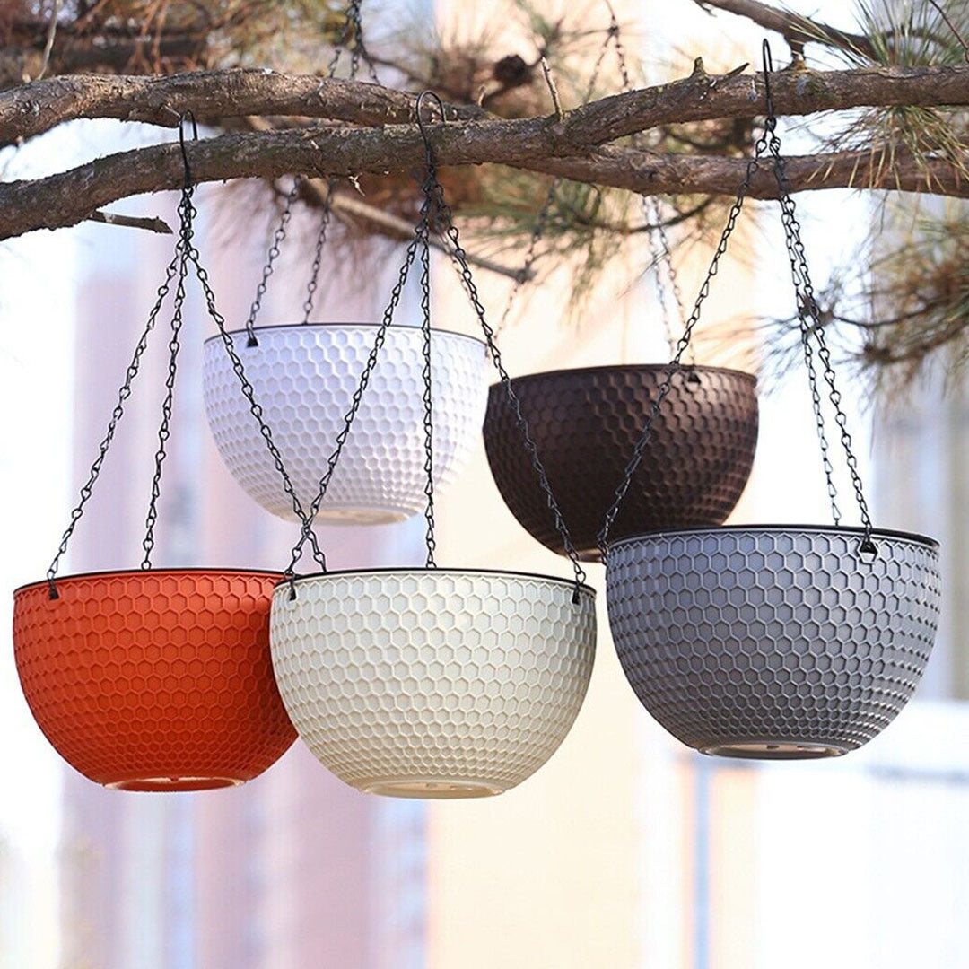 SOGA 2X White Small Hanging Resin Flower Pot Self Watering Basket Planter Outdoor Garden Decor • LUZ-HangPot11WHTX2