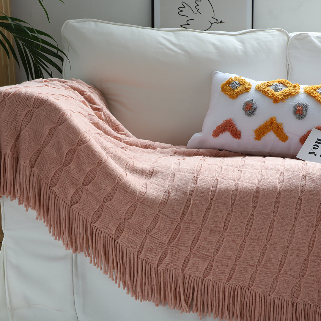 SOGA 2X Pink Textured Knitted Throw Blanket Warm Cozy Woven Cover Couch Bed Sofa Home Decor with Tassels • LUZ-Blanket927X2