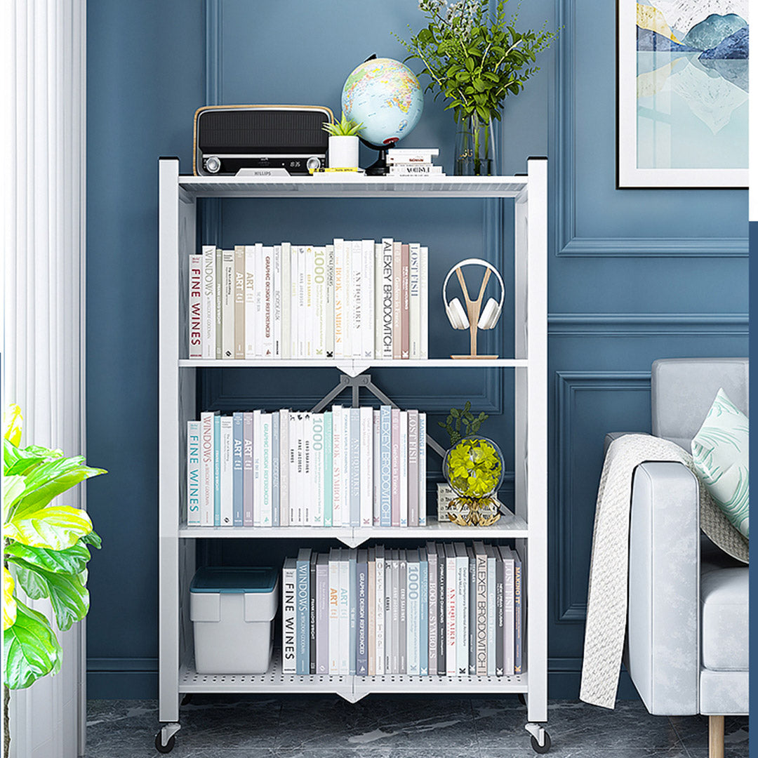 SOGA 4 Tier Steel White Foldable Display Stand Multi-Functional Shelves Portable Storage Organizer with Wheels • LUZ-KitchenXY029