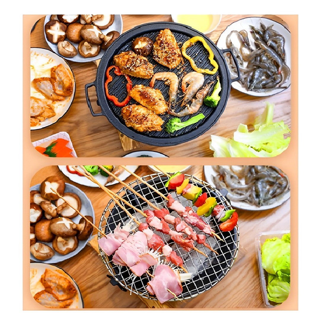 SOGA Medium Cast Iron Round Stove Charcoal Table Net Grill Japanese Style BBQ Picnic Camping with Wooden Board • LUZ-Zpai056Med
