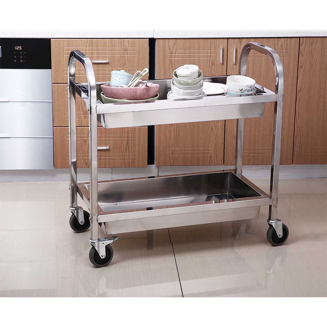 SOGA 2X 2 Tier 75x40x83cm Stainless Steel Kitchen Trolley Bowl Collect Service Food Cart Small • LUZ-FoodCart1203X2