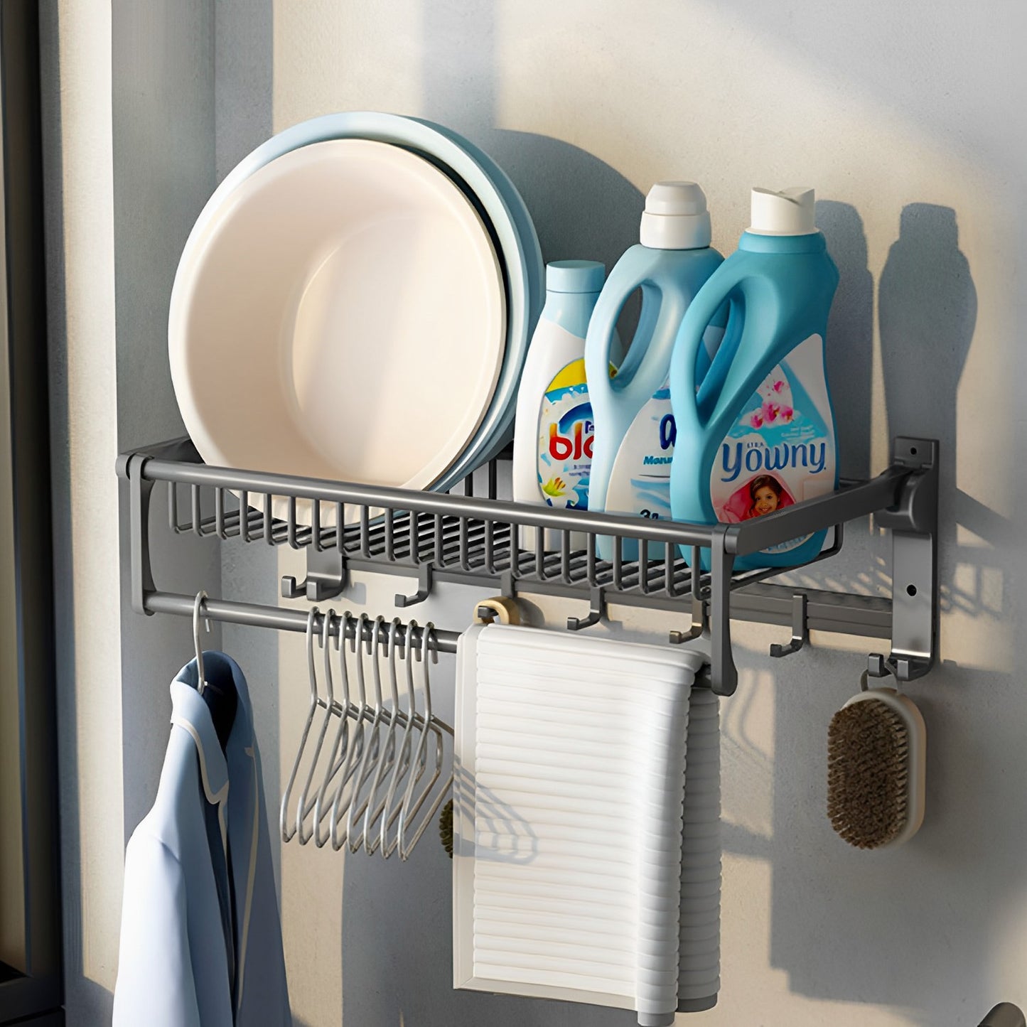 SOGA 61cm Gray Wall-Mounted Double Pole Towel Holder Bathroom Organiser Rail Hanger with Hooks • LUZ-TAN1016