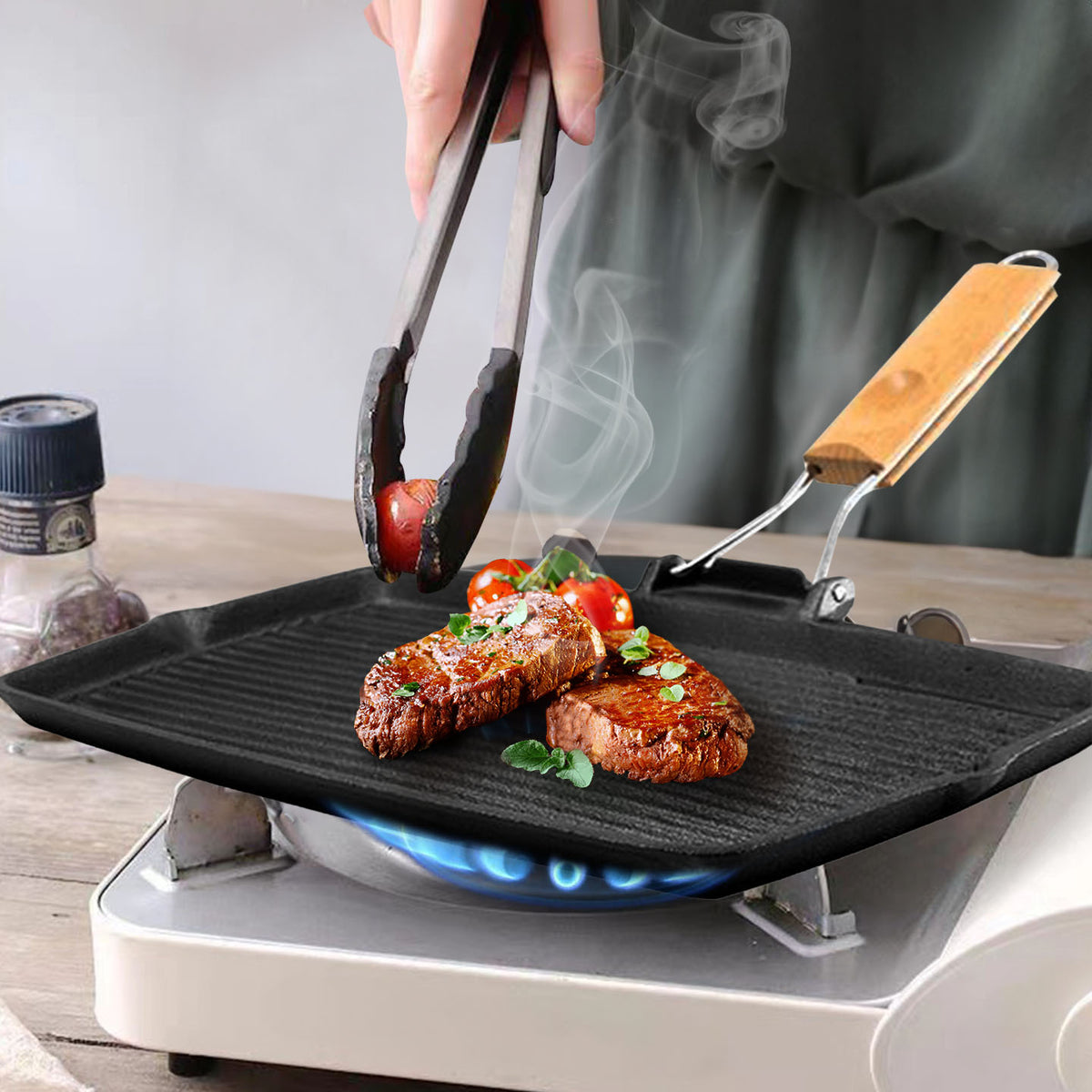 SOGA 20.5cm Rectangular Cast Iron Griddle Grill Frying Pan with Folding Wooden Handle • LUZ-ZPai061