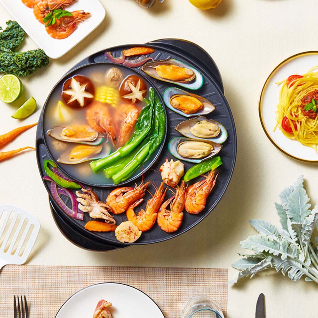 SOGA 2X 2 in 1 Electric Stone Coated Teppanyaki Grill Plate Steamboat Hotpot 3-5 Person • LUZ-SteamboatHotPotandGrillRoundX2