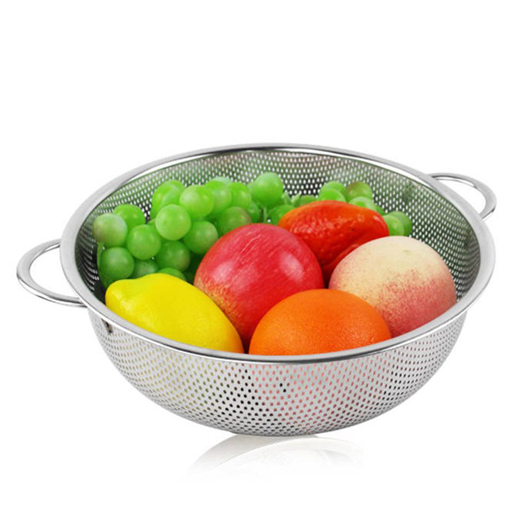 SOGA Stainless Steel Perforated Metal Colander Set Food Strainer Basket Mesh Net Bowl with 2 Handle • LUZ-ColanderBowlSet