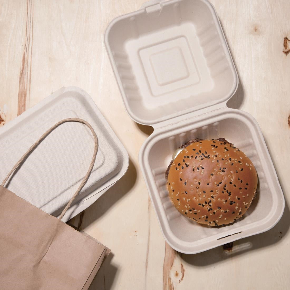 Fiesta Compostable Bagasse Burger Box Natural 152mm (500 Pack) (Size: 81 x 149 x 152mm | Pack Quantity: 500) • PAS-FC542