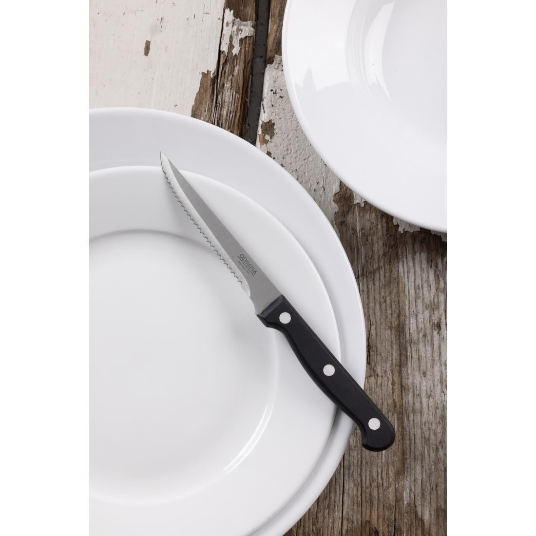 Olympia Steak Knives Black - 4 1/2" (12 Pack) (215(L)mm. Serrated Blade. Pack Quantity: 12. Material: 18/0 Stainless Steel) • PAS-C134