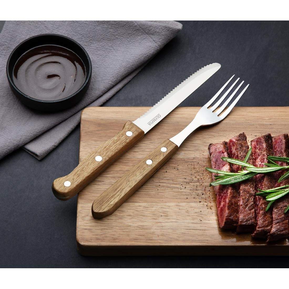 Olympia Rounded Steak Knives with Acacia Wood Handles (12 Pack) • PAS-CS717