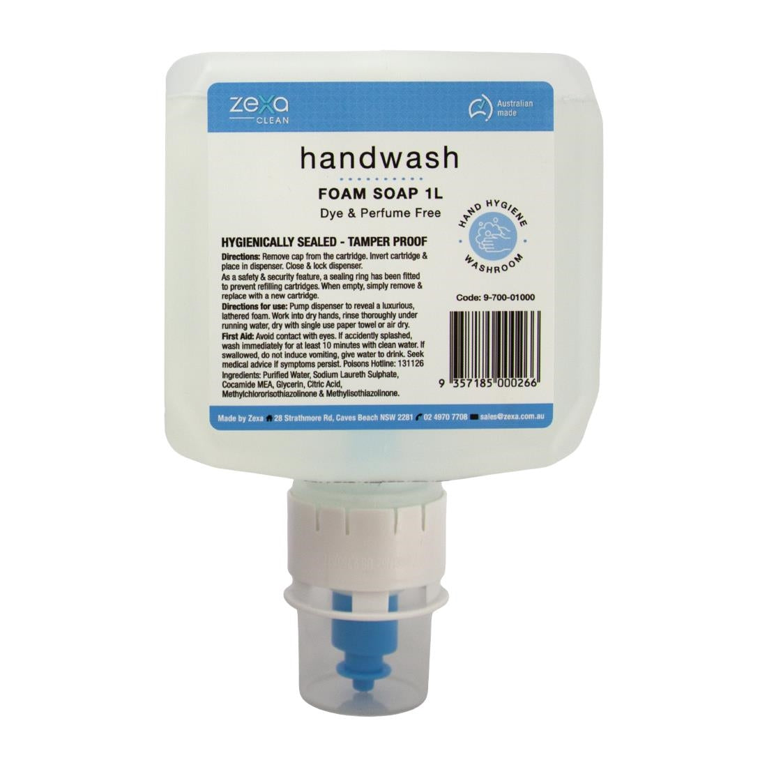 Zexa foam handwash 1ltr cartridge (Pack Quantity: 1 x 1Ltr Cartridge | Perfume Free | Foam Consistency) • PAS-DD437