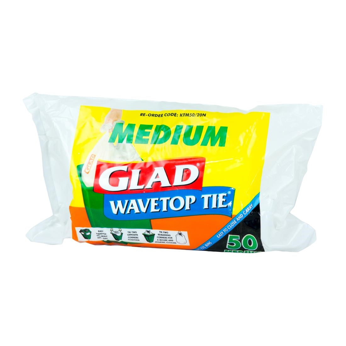 Glad Kitchen Wavetop Tie Tidy Garbage Bags - Medium 27Ltr (50 Pack) (Medium Fits: 27Ltr Bin | White | Pack of 50) • PAS-DD469