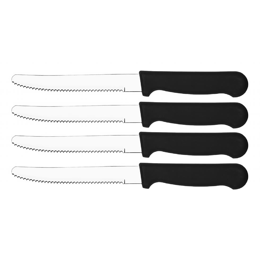 Tablekraft Steak Knife Black Handle Rounded Tip Hangsell 18/0 Stainless Steel 253mm (4 Pack) (18/0 Stainless Steel | Pack 4 | 253mm) • PAS-DD762