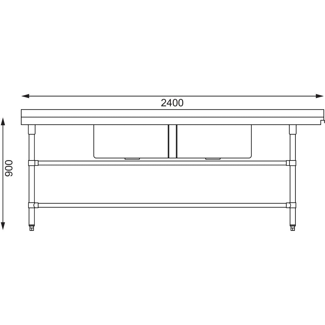 Vogue Dishwasher Inlet Table with Double Bowl Sink 90mm outlet 2400x700x960mmL/H (Left Hand. 2400(W)x700(D)x960(H)mm) • PAS-DE475