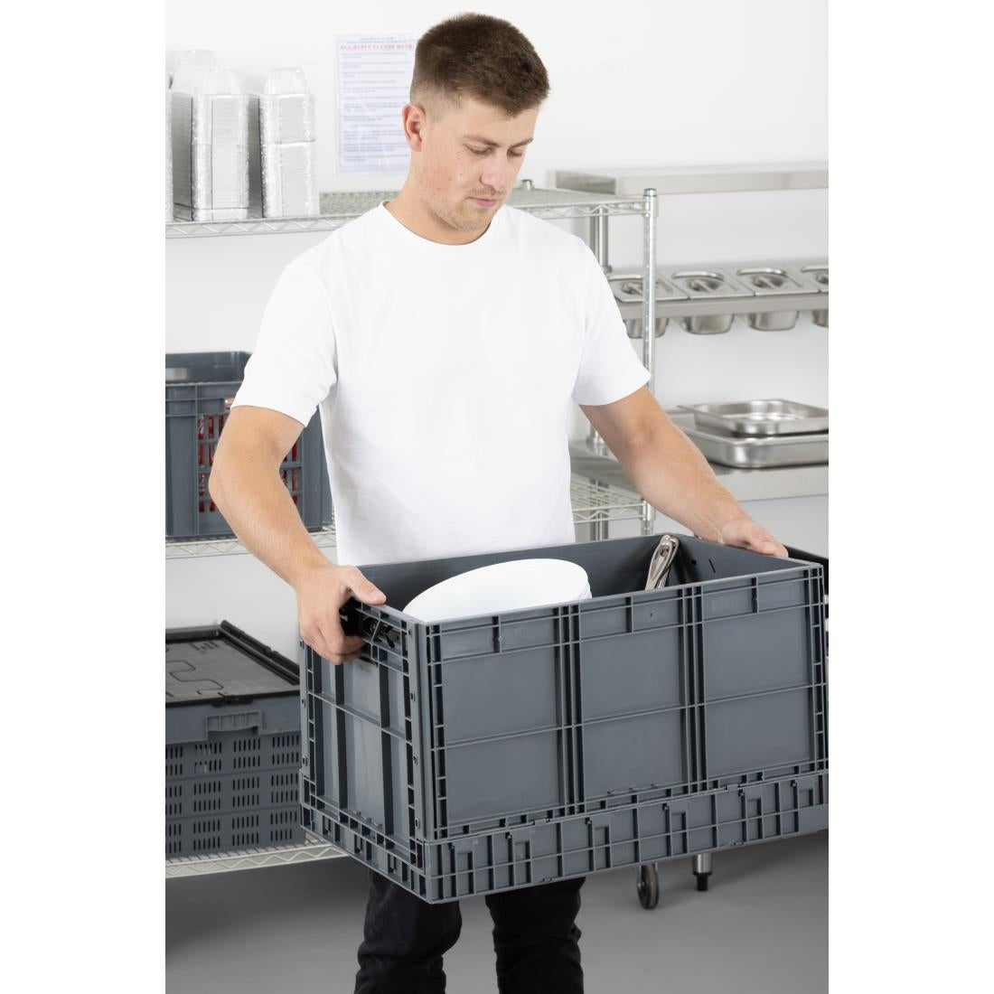 Vogue Plastic Folding Transport Storage Crate 594x396x353mm (Black. 594x396x353mm) • PAS-DX997