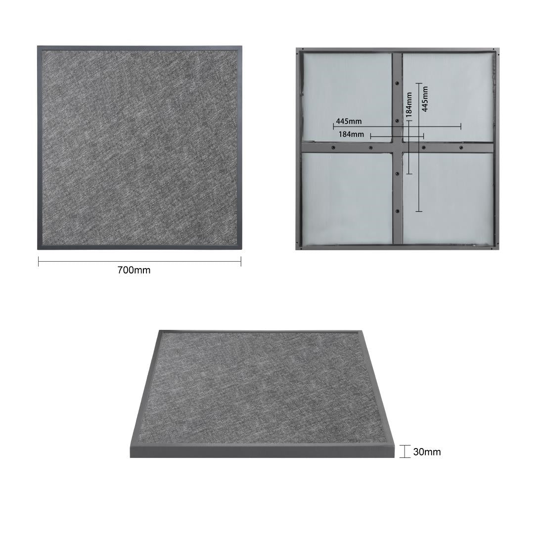 Bolero Black Brushed Mix Outdoor Tempered Glass Table Top Square Grey Trim 700mm (38(H)x700(W)x700(L)mm) • PAS-DZ873