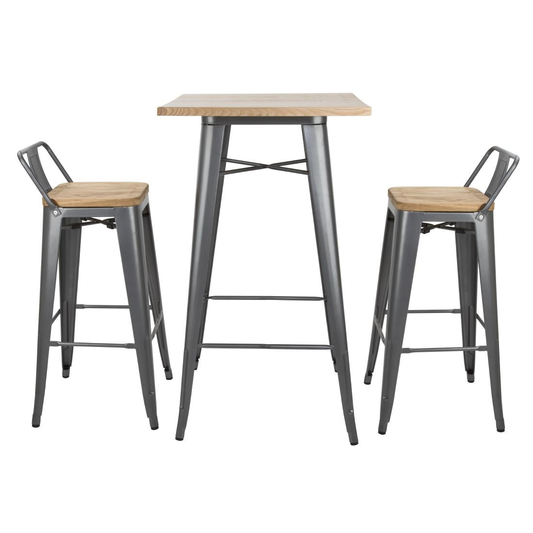 Bolero Bistro Metal Square Bar Table Gun Metal Grey with Wooden Top 600mm • PAS-FB596