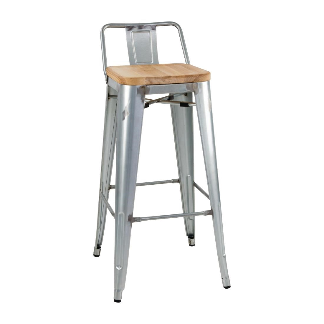 Bolero Bistro Backrest High Stools with Wooden Seat Pad Galvanised Steel (4 Pack) • PAS-FB627