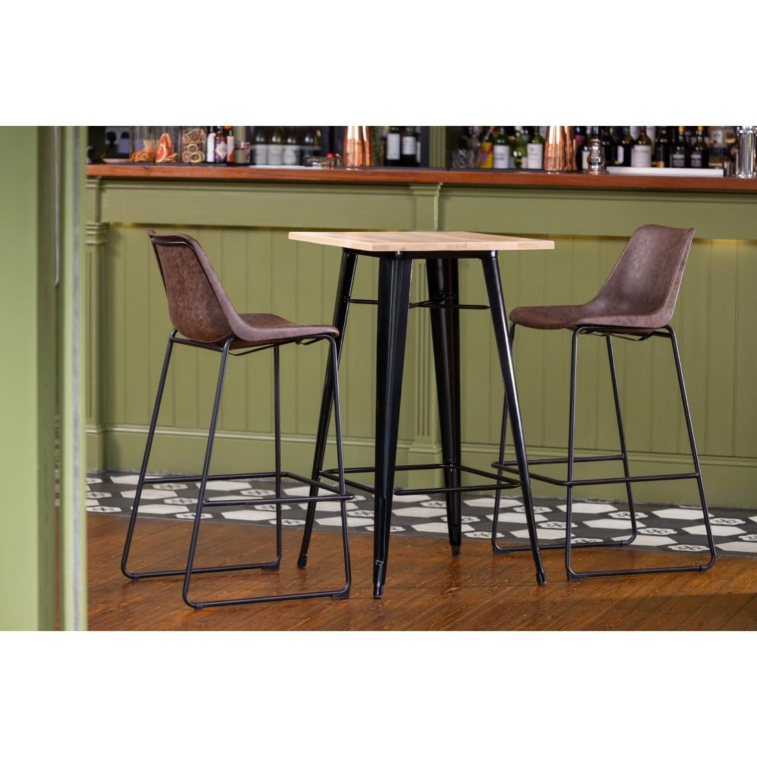 Bolero Bistro Metal Square Bar Table Black with Wooden Top 600mm • PAS-FB595