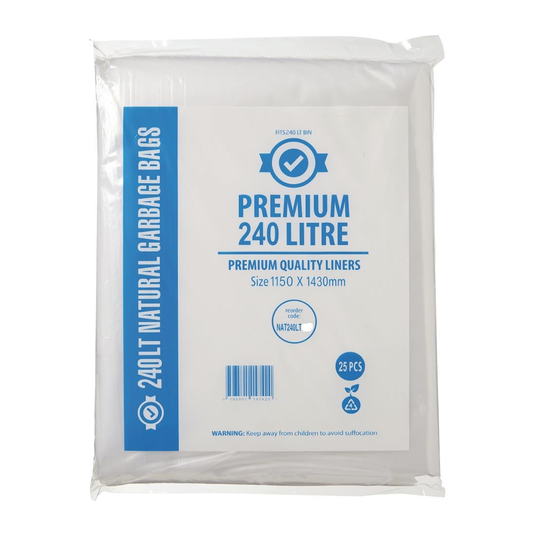 Jantex Premium Food Safe Garbage Bags Clear 240Ltr (25 Pack) • PAS-FL887