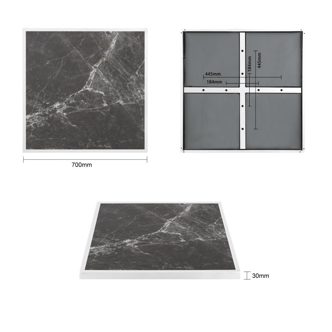 Bolero Dark Granite Effect Outdoor Tempered Glass Table Top White Trim 700mm (38(H)x700(W)x700(L)mm) • PAS-FU516