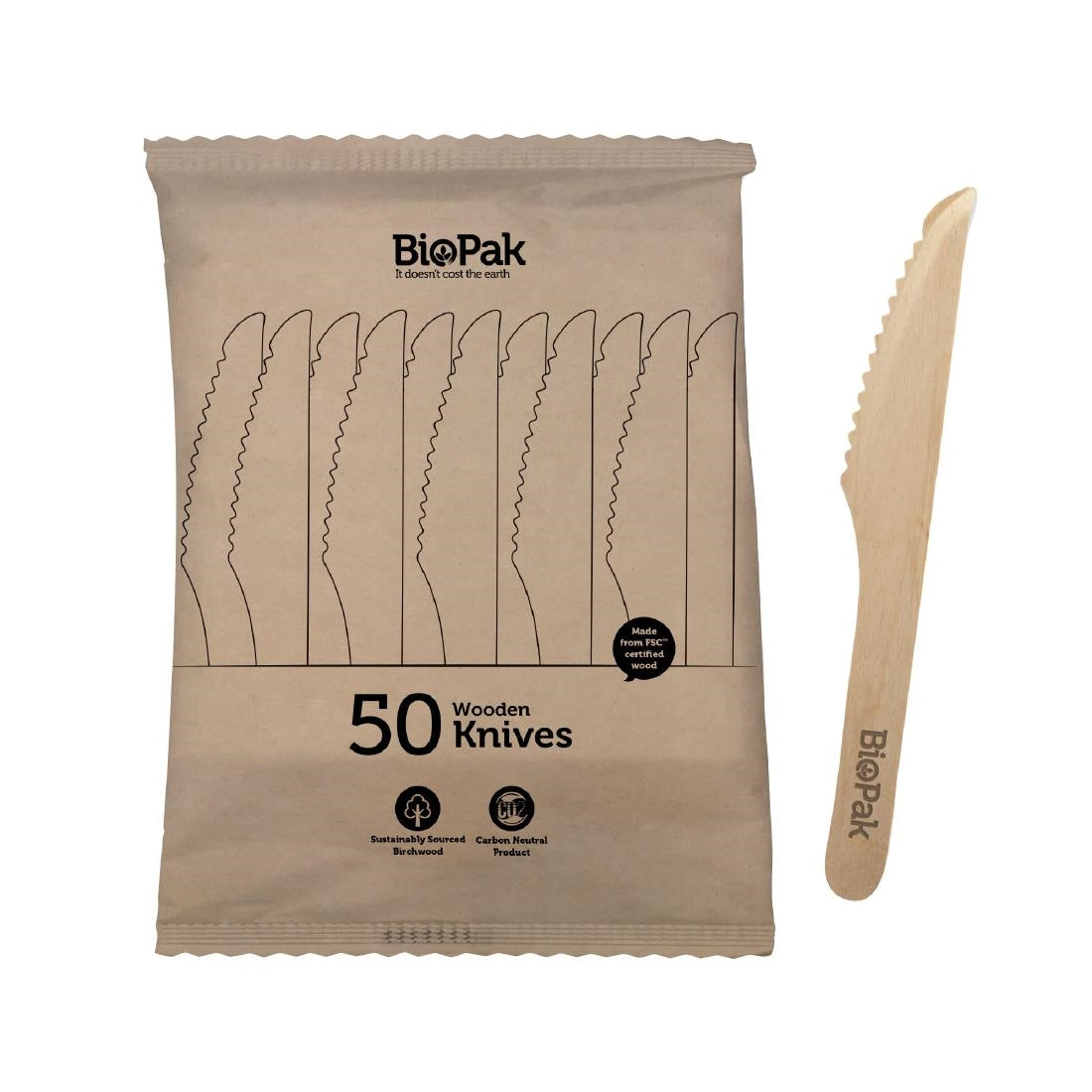 BioPak BioCutlery Wooden Knife - 16cm (50 Pack) (Pack of 50) • PAS-FZ961