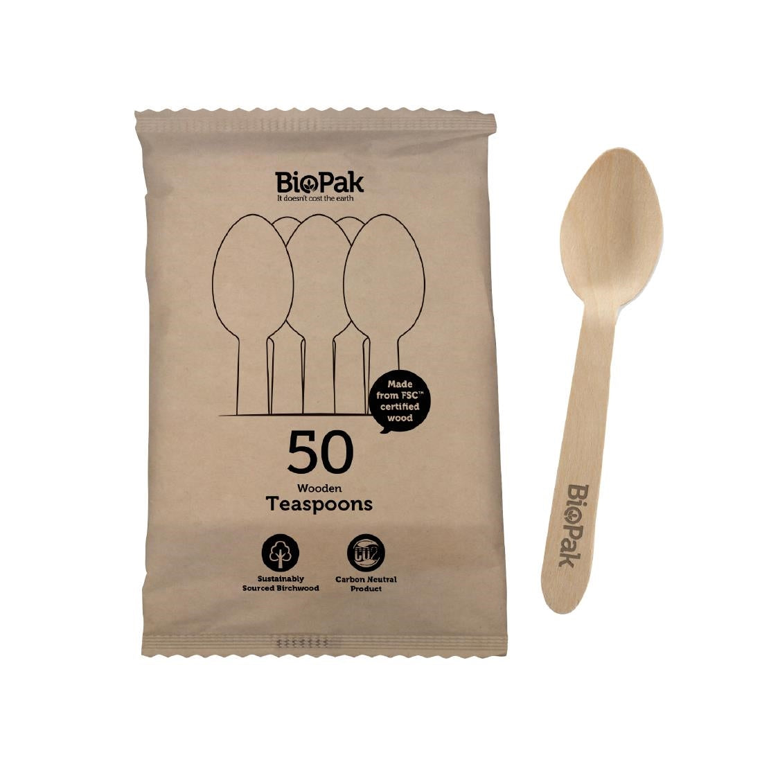 BioPak BioCutlery Wooden Teaspoon - 16cm (50 Pack) (16cm Teaspoons only | Pack of 50) • PAS-FZ964
