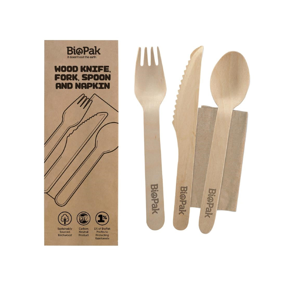 BioPak Biocutlery Wooden Fork Knife Spoon & Napkin Sets - 16cm (28 Pack) (16cm Retail Pack | Fork, Knife, Spoon and Napkin Set) • PAS-FZ966